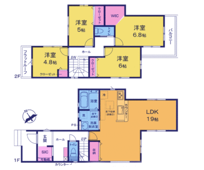 居室4部屋の4LDKです。居室空間をすっきり保てるWIC付です。収納家具を設置することで大容量収納ができます。