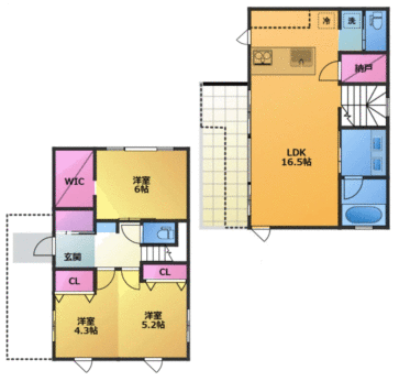 居室3部屋の3LDKです。居室空間をすっきり保てるWIC付です。収納家具を設置することで大容量収納ができます。
