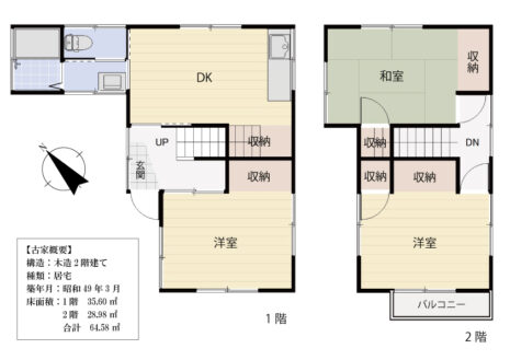 【古家概要】・構造/木造2階建・種類/居宅・築年月/昭和49年3月・床面積/1階35.60平米、2階28.98平米、合計64.58平米