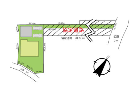 敷地437.59平米（132.37坪）です。協定道路部分98.29平米含む。